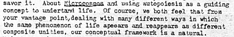 Detail from Varela's letter to Lynn Margulis confirming her interest in the concept of autopoiesis.